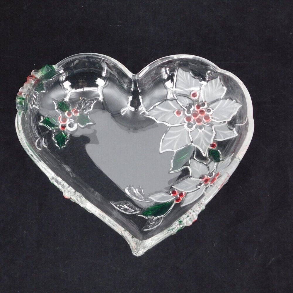 Mikasa Frosted Poinsettia Clear Crystal Heart Bowl 10.5" wide Vintage Christmas